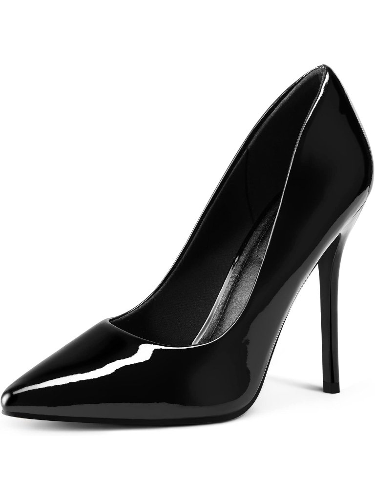 Women's Black Patent Pull On Pumps Closed Pointed Toe Stiletto 4in Heels Shoes